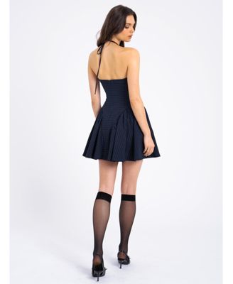 Women's Melody Navy Blue Pinstripe Halter Drop Waist Mini Dress