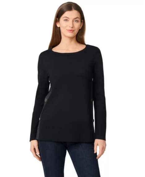 Petite Tipped Side-Button Tunic Sweater - Jet Black