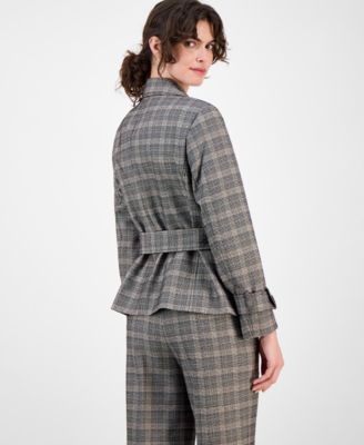 Petite Belted Plaid Trench Jacket