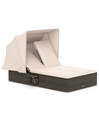 2-person Rattan Lounge Bed w/ Retractable Canopy 5-position Adjustable Backrest