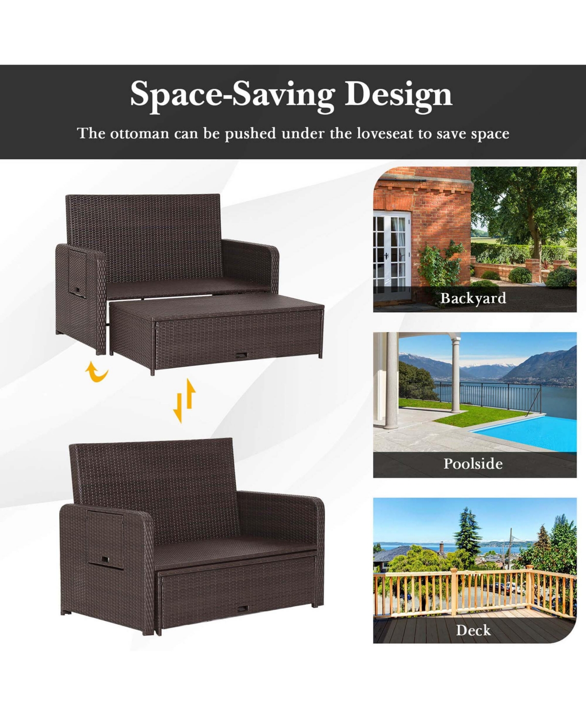 Gymax Rattan Loveseat Set Daybed Lounge w/ Storage Ottoman Side Tables Adjust Patio