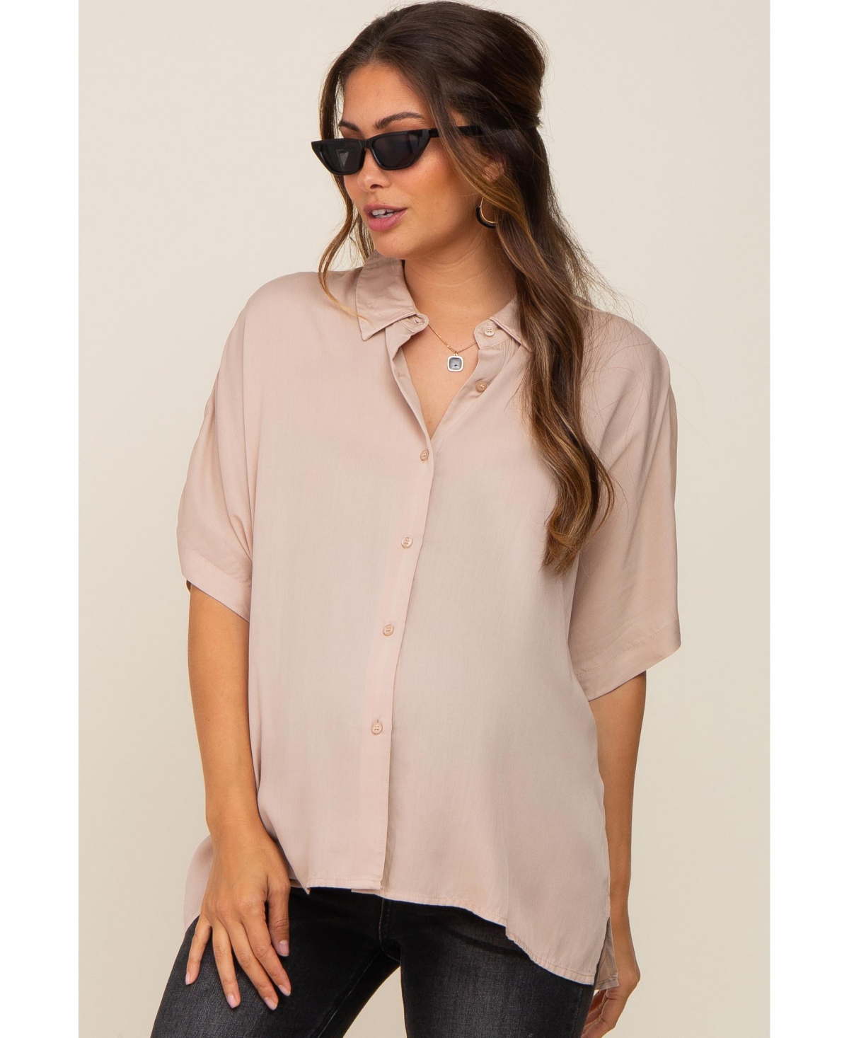 Maternity Taupe Button Up Dolman Short Sleeve Top - Mocha