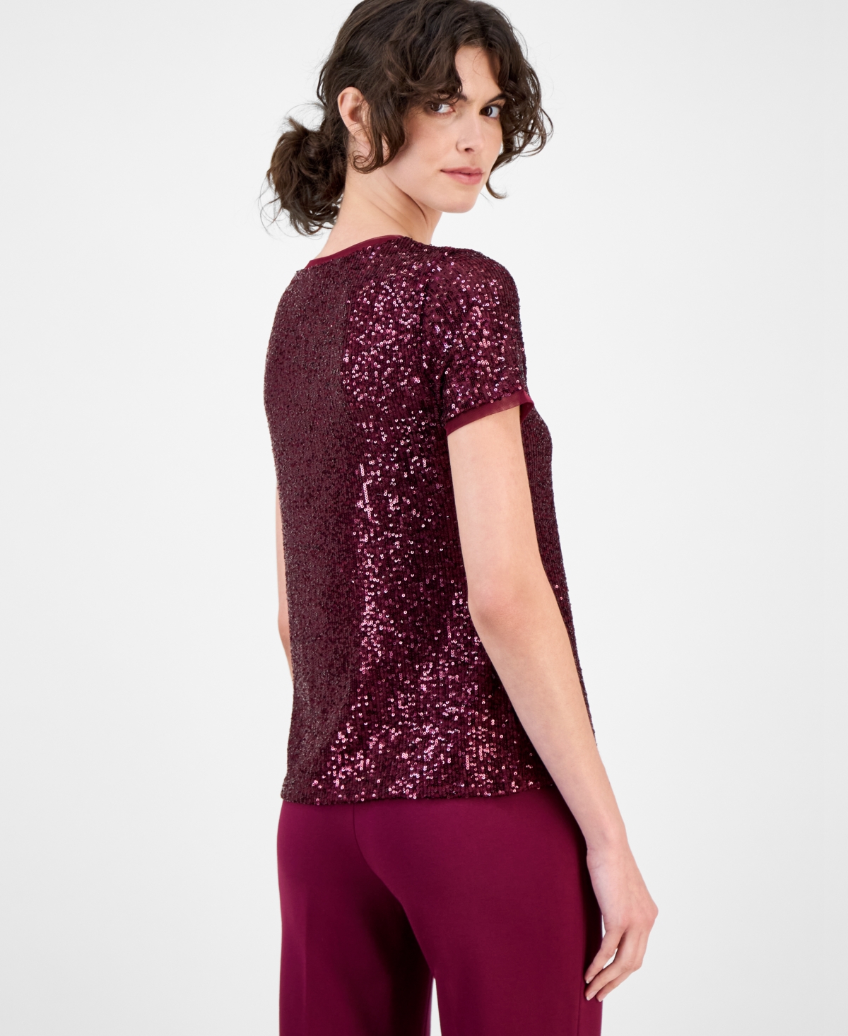 Anne Klein Short Sleeve Sequin Mesh Top In Burgundy