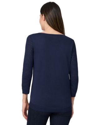 Women's Crewneck Pointelle 3/4-Sleeve Lightweight Sweater, PXS-XL