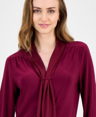 Petite Mixed-Media Tie-Neck Long-Sleeve Blouse