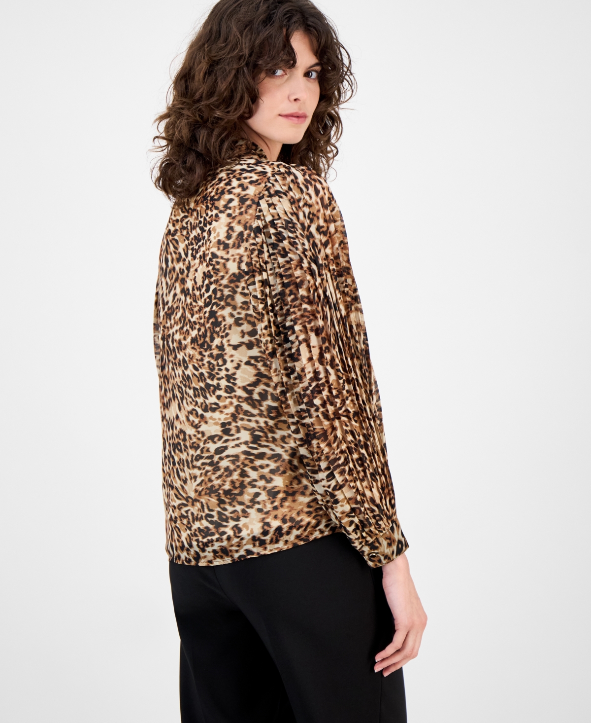 Anne Klein Womens Printed Pleated Sleeve Button Front Top P Xxs Xxl In Animal Print