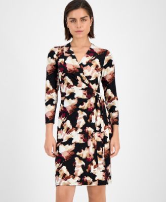 Petite Printed Faux-Wrap 3/4-Sleeve Dress