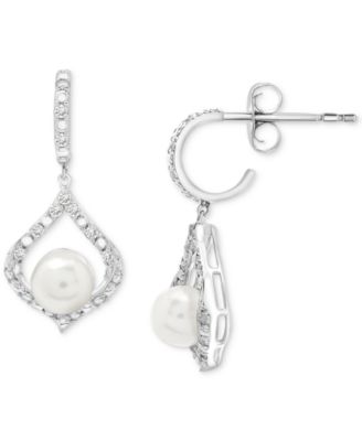 Macy's - Cultured Freshwater Pearl (7mm) & Lab Grown White Sapphire (7/8 ct. t.w.) Drop Earrings in Sterling Silver