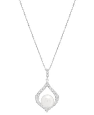 Macy's - Cultured Freshwater Pearl (8mm) & Lab Grown White Sapphire (1 ct. t.w.) 18" Pendant Necklace in Sterling Silver