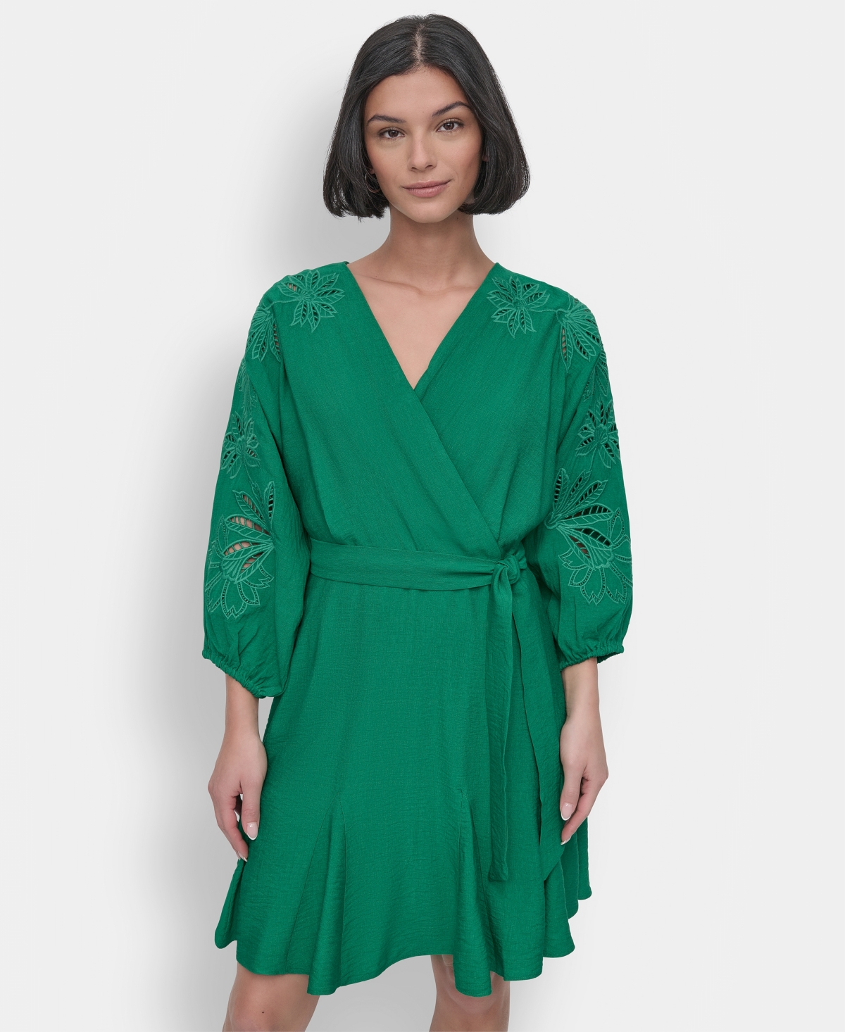Dkny Petite Faux-Wrap Embroidered-Sleeve Fit & Flare Dress