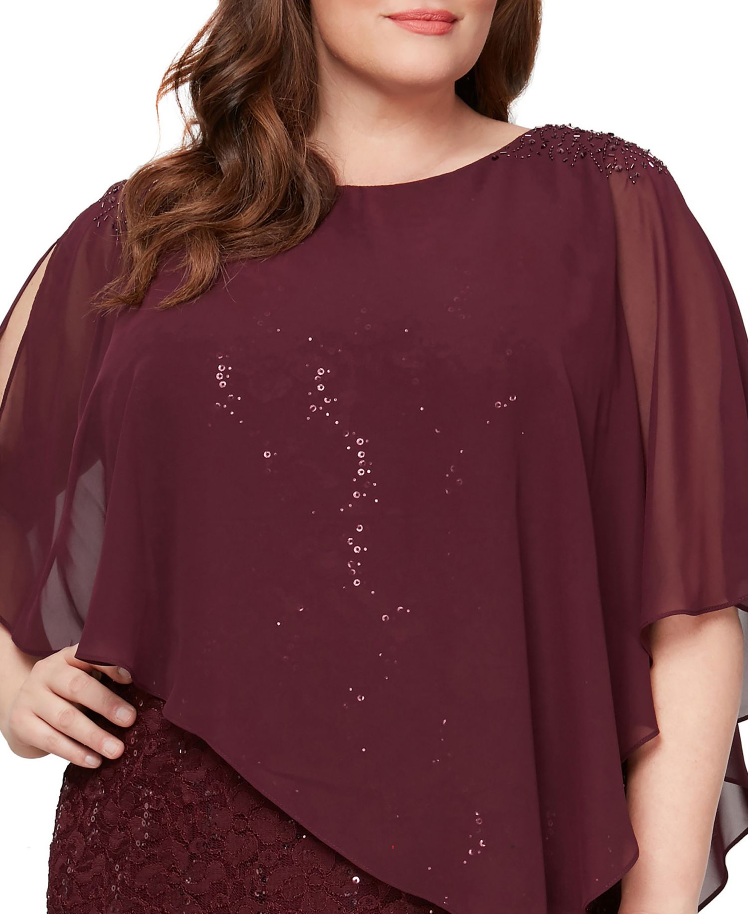 Plus Round-Neck Sequin Lace Cape Dress