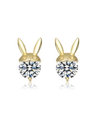 14K Gold Plated with Clear Cubic Zirconia & Mother of Pearl Rabbit, Heart & Flower Stud Earring 3-Piece Set
