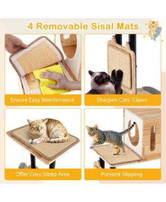 Modern Tall Cat Tower with Double Condos with Dangling Balls and Sisal Carpets
