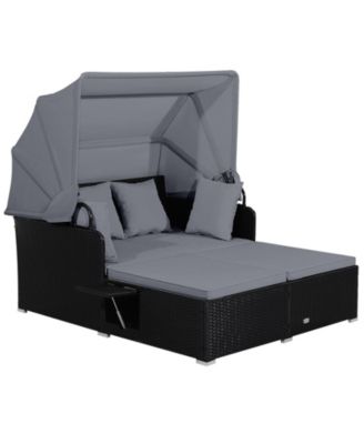 Rattan Daybed Lounge w/ Retractable Top Canopy Side Tables Cushions
