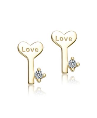 14K Gold Plated with Clear Cubic Zirconia Heart, Key & Lock "Love & Lock" Stud Earring 3-Piece Set