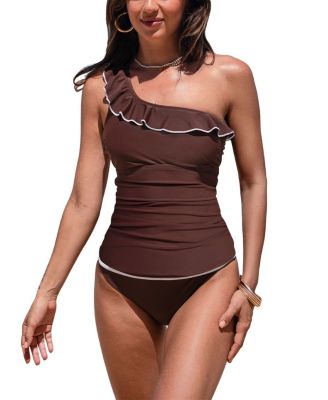 Women's One Shoulder Neck Asymmetrical Ruffles Tankini Sets