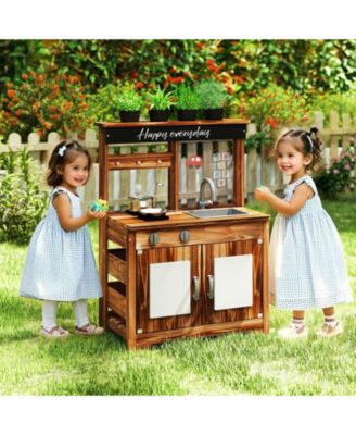 Mud Kitchen Fir Wood Play Kitchen with 4 Panting Pots Faucet Removable Sink
