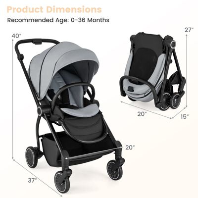 Toddler Foldable Pram Stroller with Reversible Seat Reclining Backrest