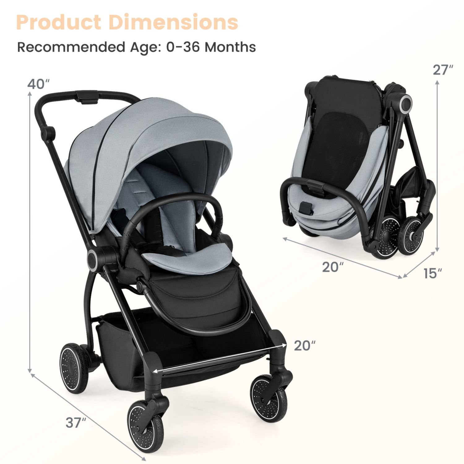 Foldable Infant Pram Stroller with Reversible Seat Reclining Backrest