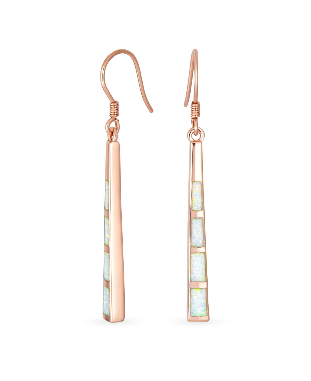 Bling Jewelry Boho Long Linear Iridescent Rainbow White Created Opal Teardrop Bar Shaped Dangle Earrings Rose Gold .925 Sterling Silver Fish Hook Wire