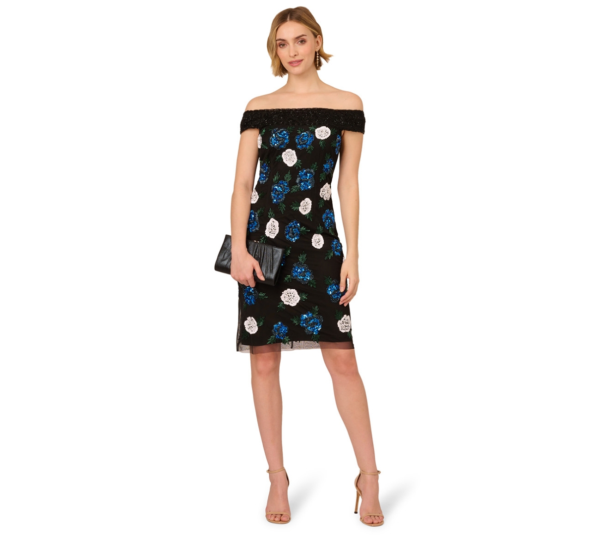 Women's Beaded Off-The-Shoulder Sheath Dress - Black Multi
