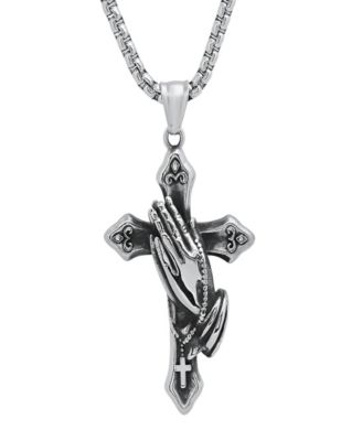 Men's Stainless-Steel Prayer Hand and Cross Pendant Necklace