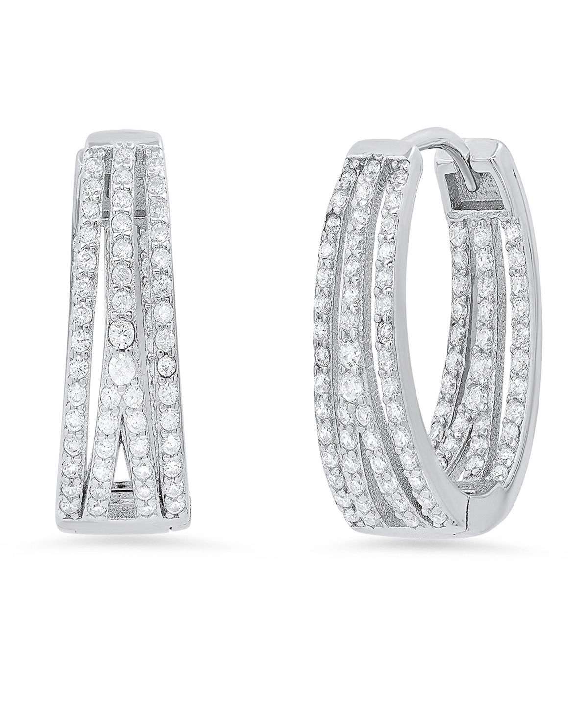 Women's Sterling Silver and Simulated Diamonds Oval Layered Huggie Earrings - Silver