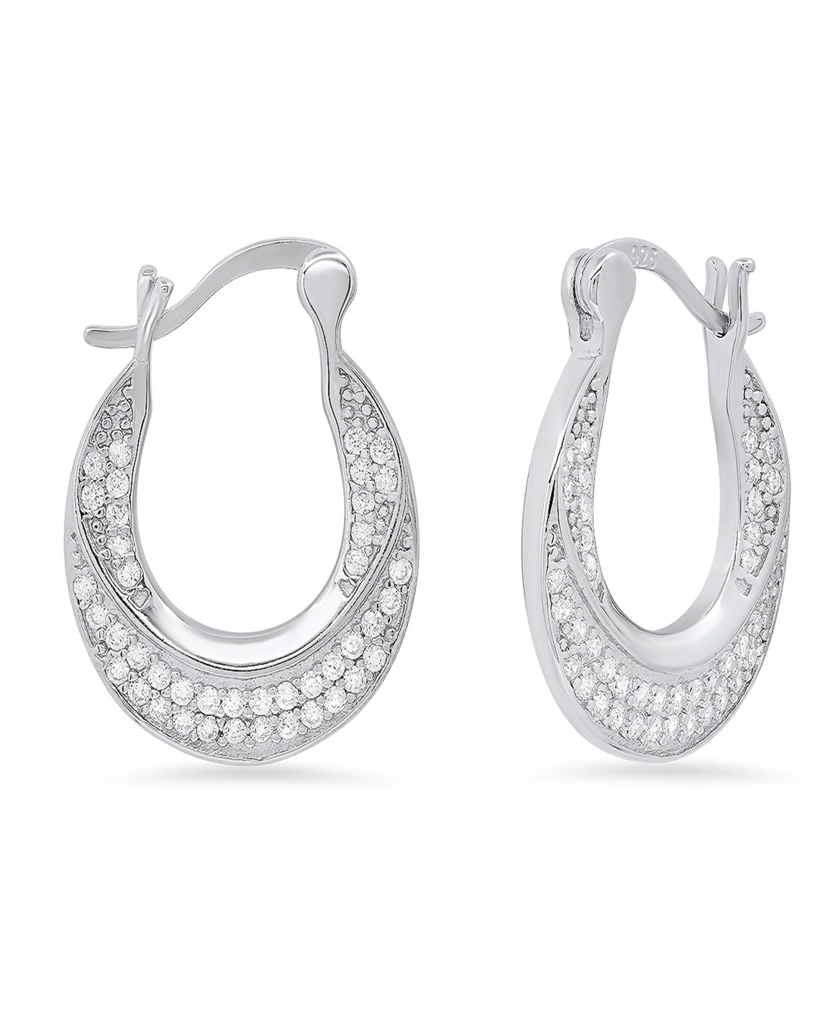 Women's Sterling Silver and Simulated Diamonds Flat Hoop Earrings - Silver