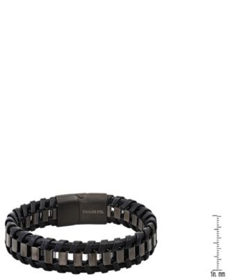 Men’s Black Leather and Black IP Stainless Steel Box Link Braided Bracelet