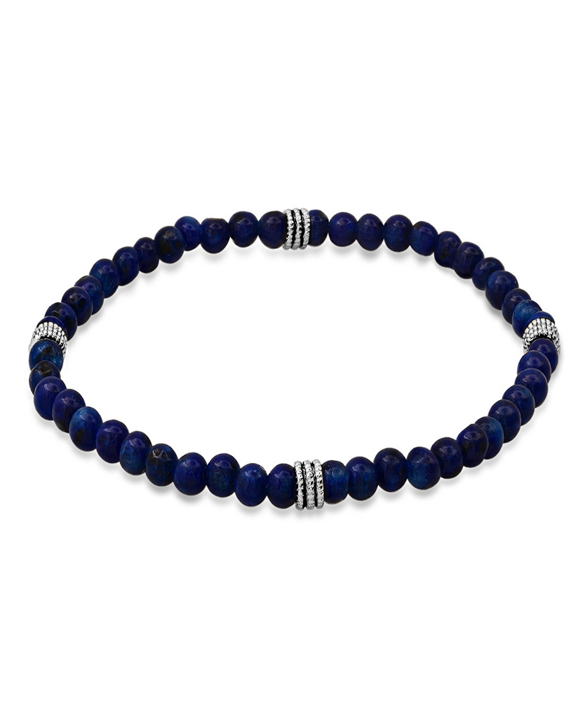 Steeltime Men's Sterling Silver And Blue Lapis Beaded Stretch Bracelet