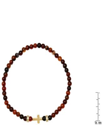 Men’s 14K Gold Plated Sterling Silver Cross and Red Tiger Eye Beaded Stretch Bracelet