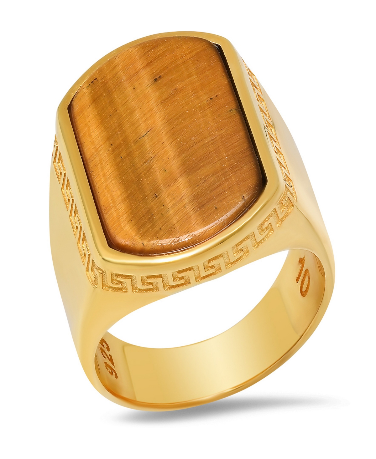 Men's 14K Gold Plated and Sterling Silver with Greek Key Accents Tiger Eye Ring - Two Tone