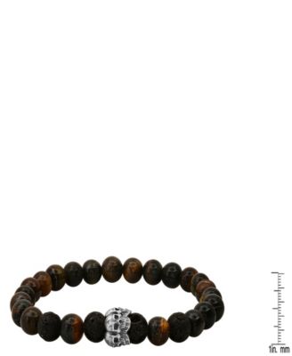 Men’s Tiger Eye, Black Lava and Sterling Silver Skull Beaded Stretch Bracelet