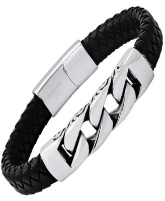 Men’s Black Braided Leather and Stainless-Steel Bracelet