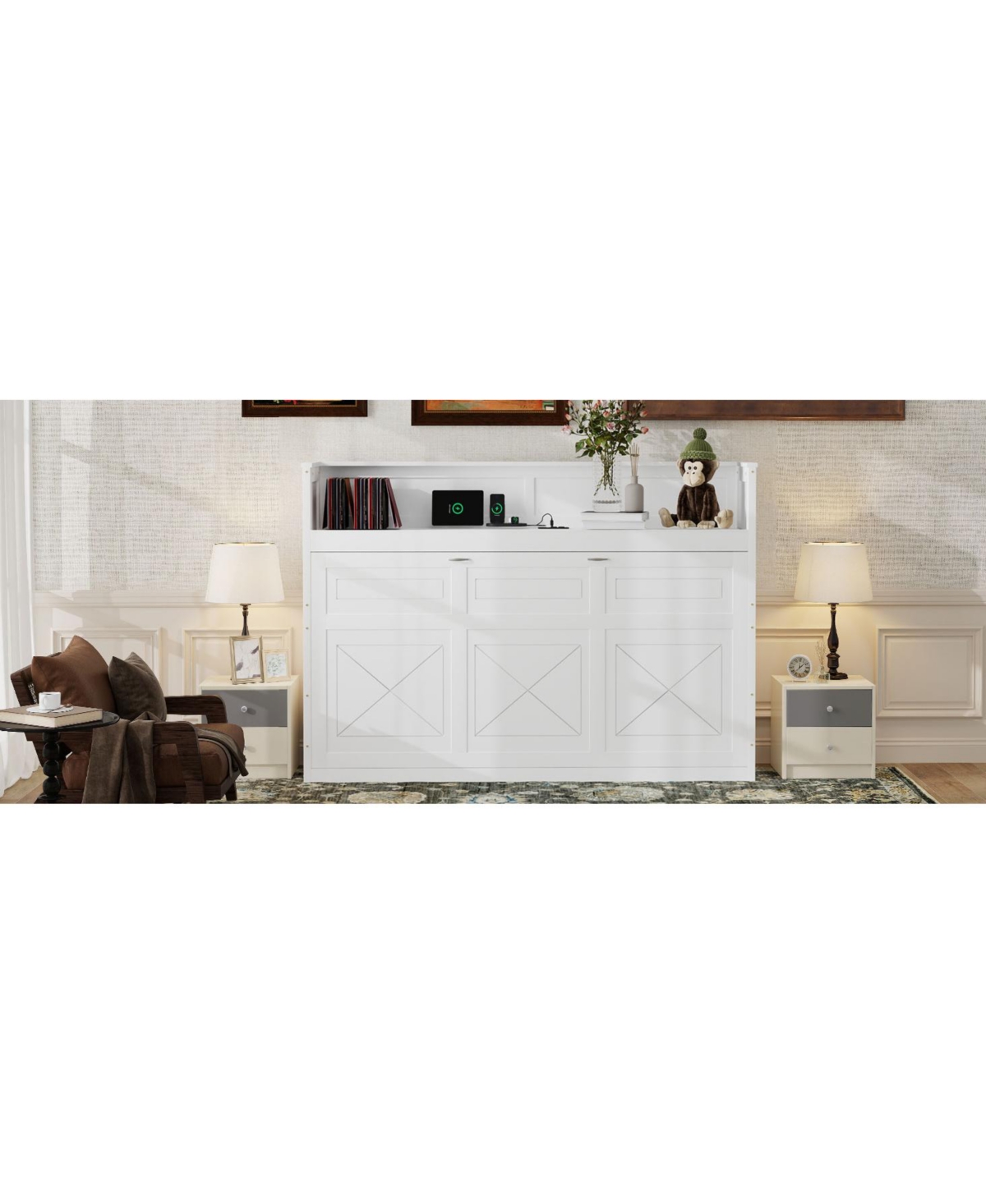 Streamdale Furniture Twin Xl Size Murphy Bed with Desk, Led Light and Usb Charging Station