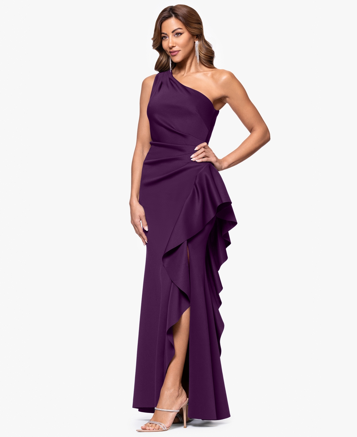 Xscape Women's Ruffled One-shoulder Scuba Gown