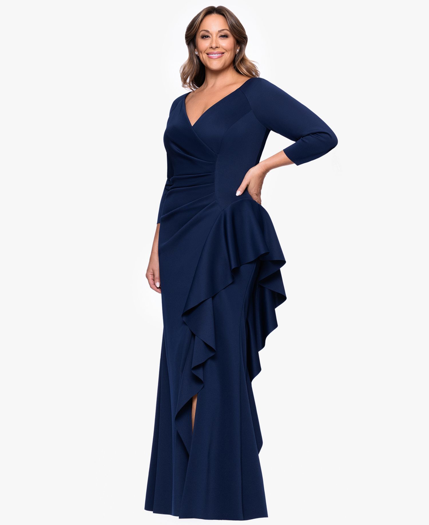 Plus V-Neck Ruffled Side-Slit Scuba Gown