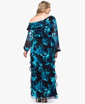 Plus Size Printed Asymmetrical-Neckline Long Dress
