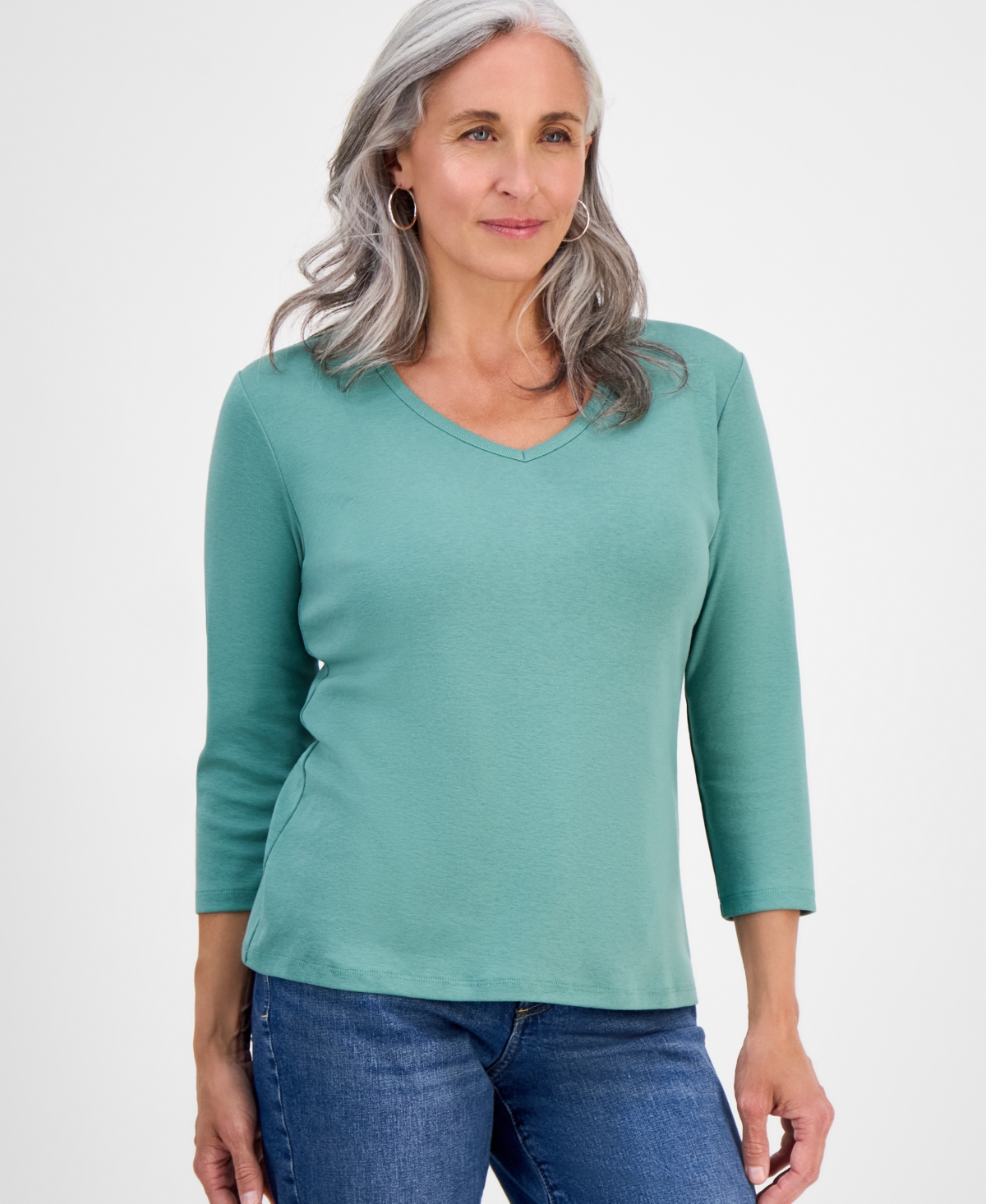 Style & Co Petite V-neck 3/4-sleeve T-shirt, Created For Macy's In Green