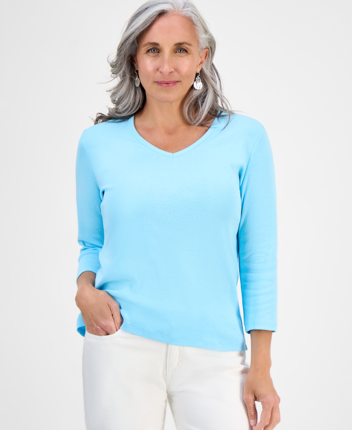 Style & Co Petite V-neck 3/4-sleeve T-shirt, Created For Macy's In Blue