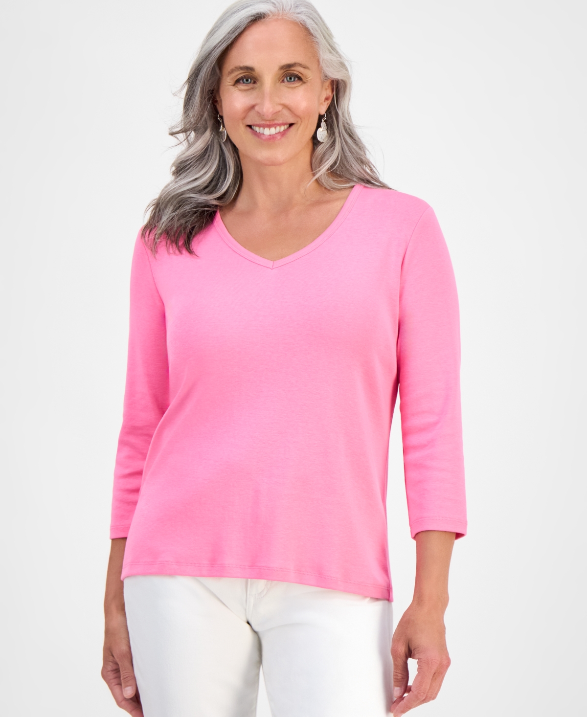 Style & Co Petite V-neck 3/4-sleeve T-shirt, Created For Macy's In Pink