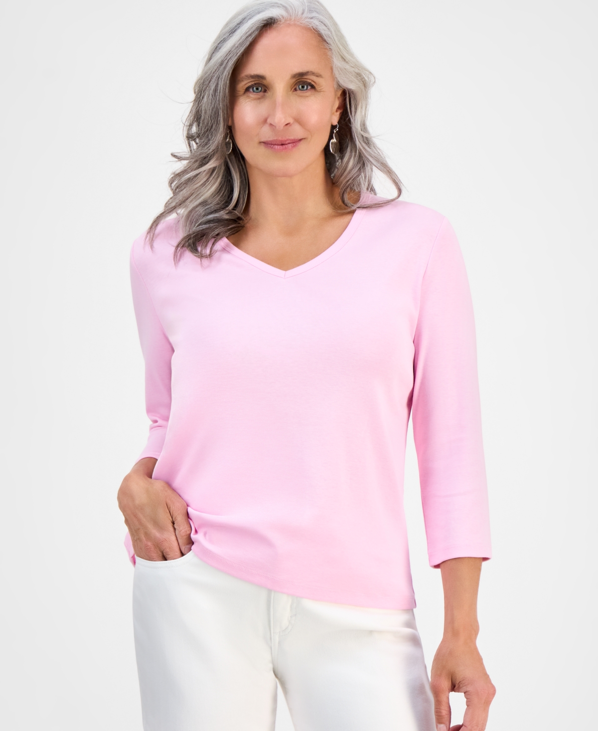 Style & Co Petite V-neck 3/4-sleeve T-shirt, Created For Macy's In Pink