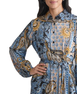 Women's Collared Paisley Tie-Waist Shirtdress