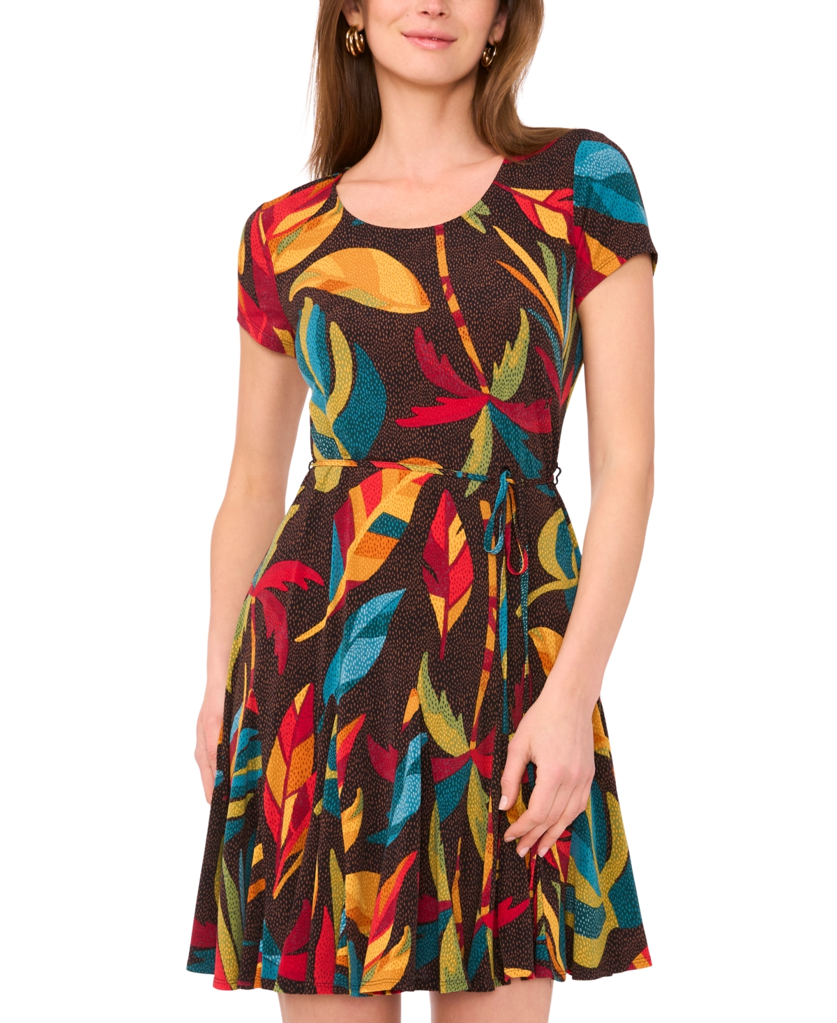 Women's Leaf-Print Godet-Skirt Dress - Sunflower