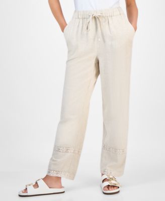 Petite Linen-Blend Lace-Inset Wide-Leg Pants, Exclusively at Macy's 
