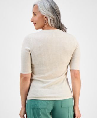 Petite Pointelle Elbow-Sleeve Henley Knit Top, Exclusively at Macy's 