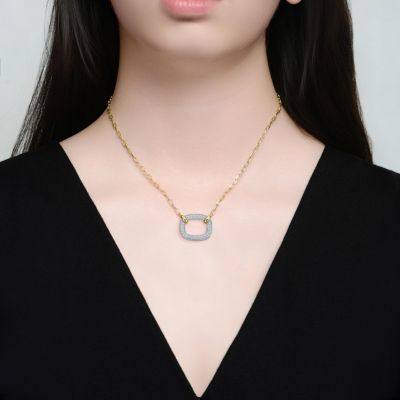 14k Yellow Gold Plated with Clear Cubic Zirconia Square Pendant Necklace