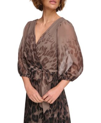 Petites Chiffon Printed Surplice Balloon-Sleeve Dress