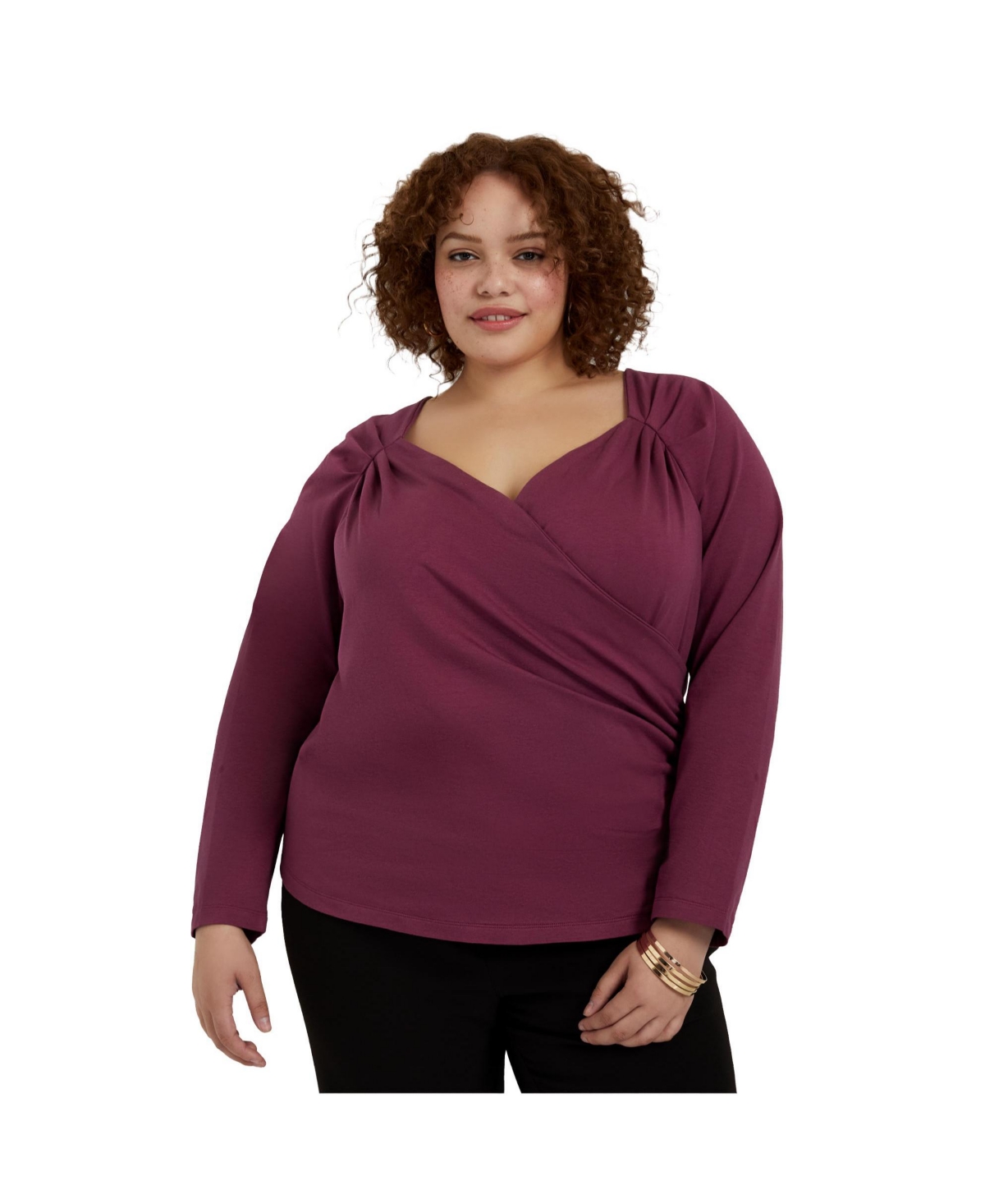 Plus Size June + Vie Faux Wrap Top - Fig