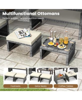 2 Pieces Patio PE Rattan Ottomans with Soft Zippered Cushions for Deck